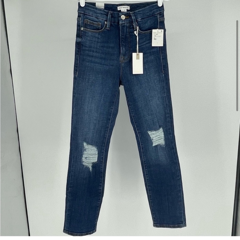 GOOD AMERICAN NWT GOOD CLASSIC 28” INSEAM RIPPED JEANS 0/25 HIGH RISE IN BLUE - Picture 4 of 14